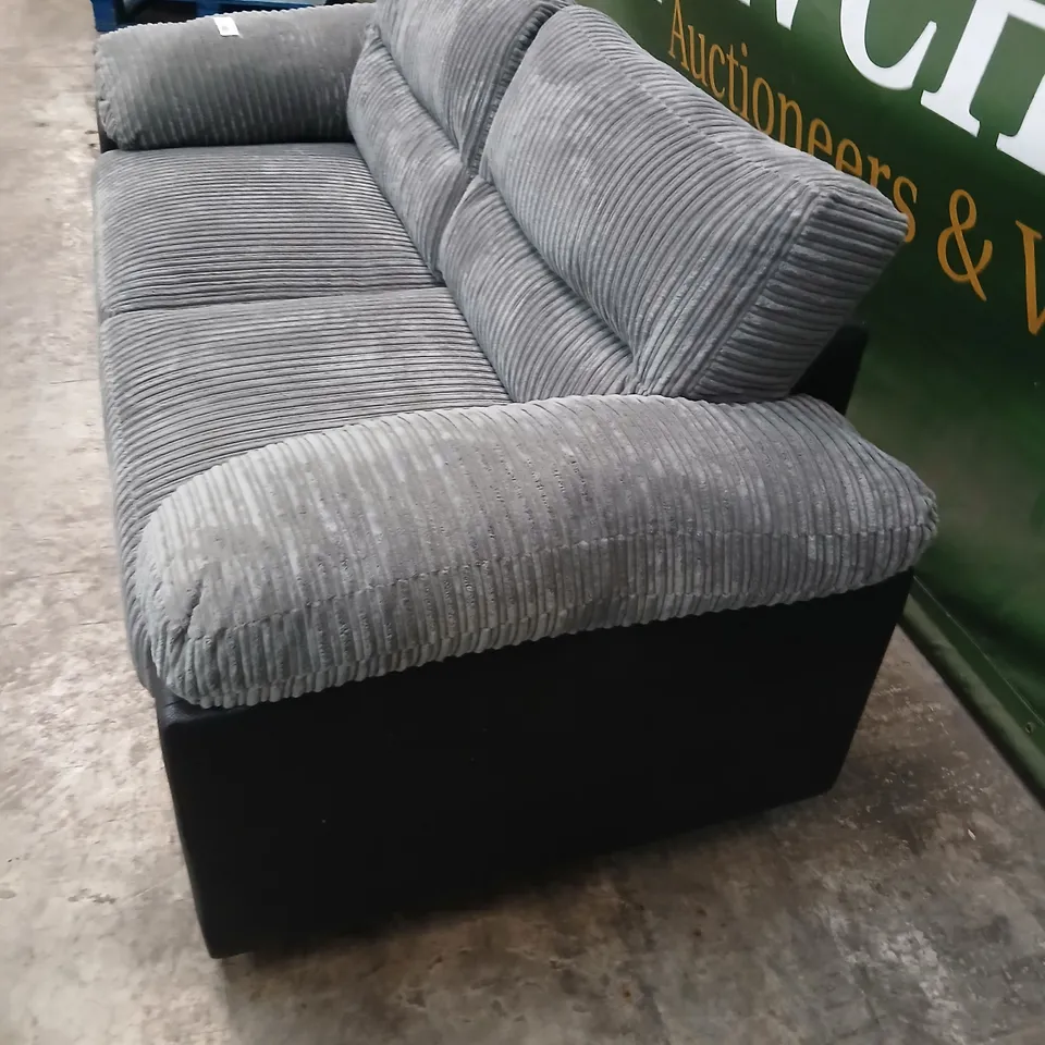 GREY CORDUROY 3-SEAT SOFA WITH BLACK BASE AND MATCHING ARM CUSHIONS