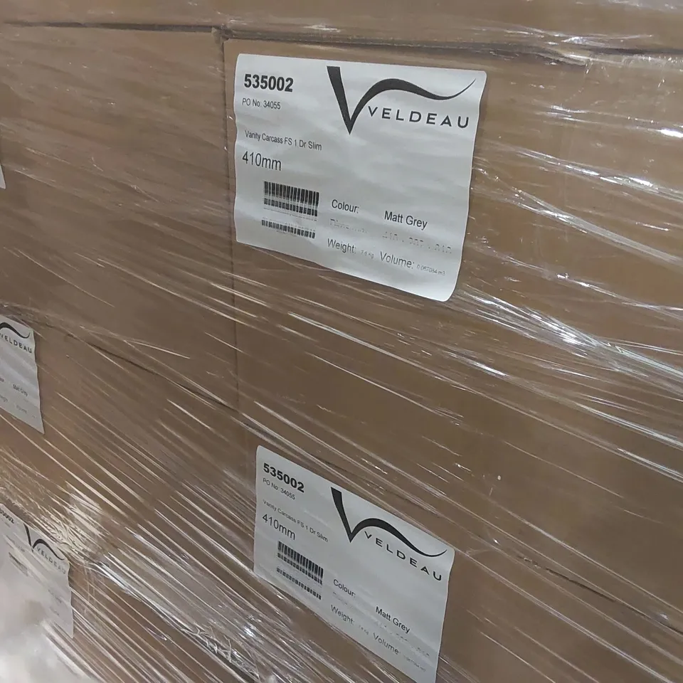 PALLET CONTAINING A LARGE QUANTITY OF ASSORTED BATHROOM FURNITURE PARTS INCLUDING: VELDEAU VANITY CARCASSES ECT