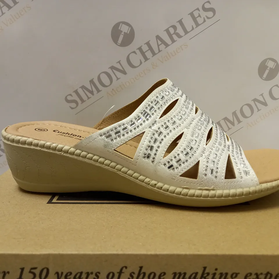 BOXED CUSHION WALK DIAMANTE MULES, WHITE - SIZE 6