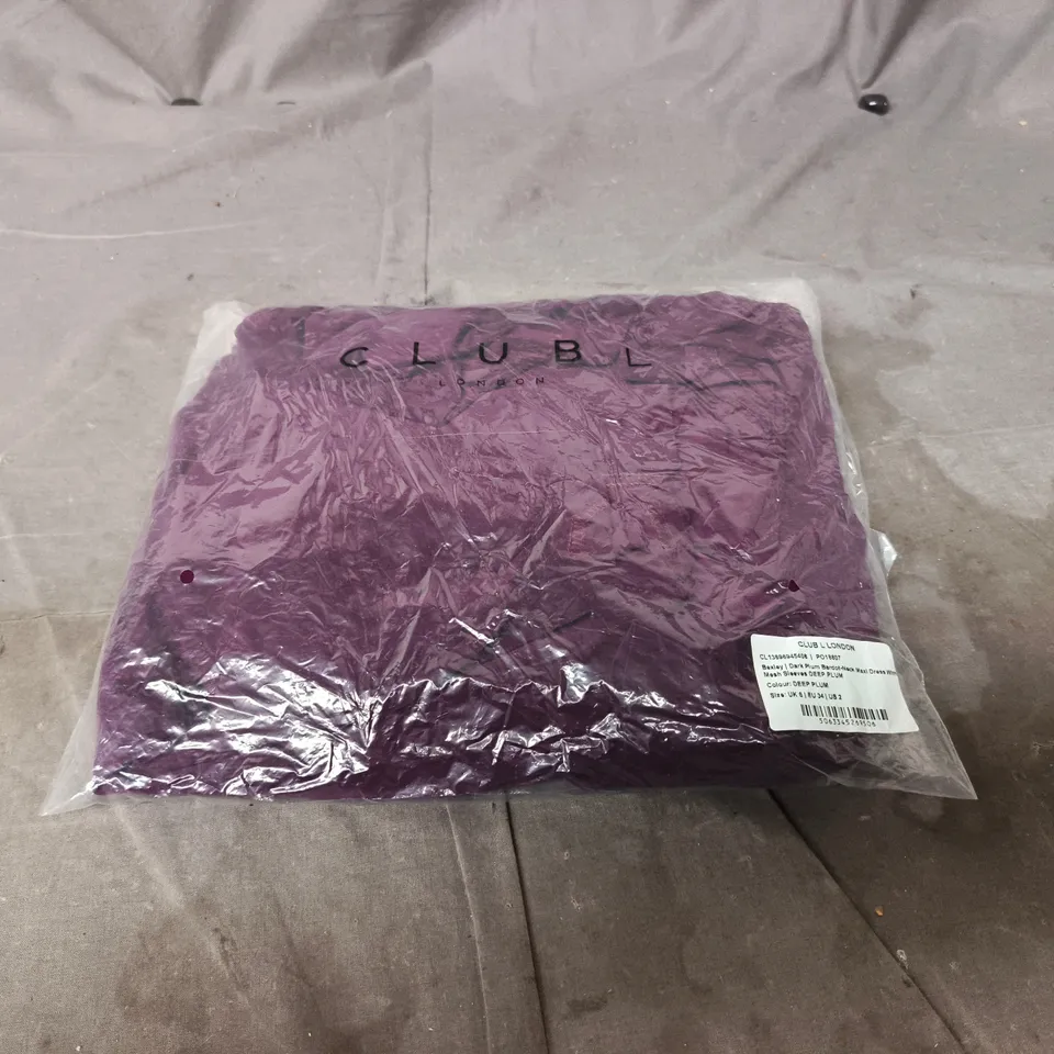  CLUB L LONDON DEEP PLUM BARDOT-NECK MAXI DRESS WITH MESH SLEEVES- UK SIZE 6