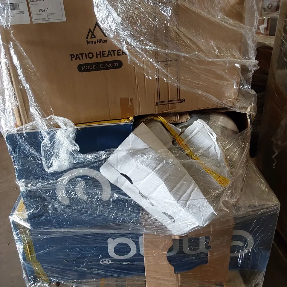 PALLET OF ASSORTED ITEMS INCLUDING, PATIO HEATER MODEL DLSX-01, FOLDING EXERCISE BIKE, ASSORTED MATTRESSES 