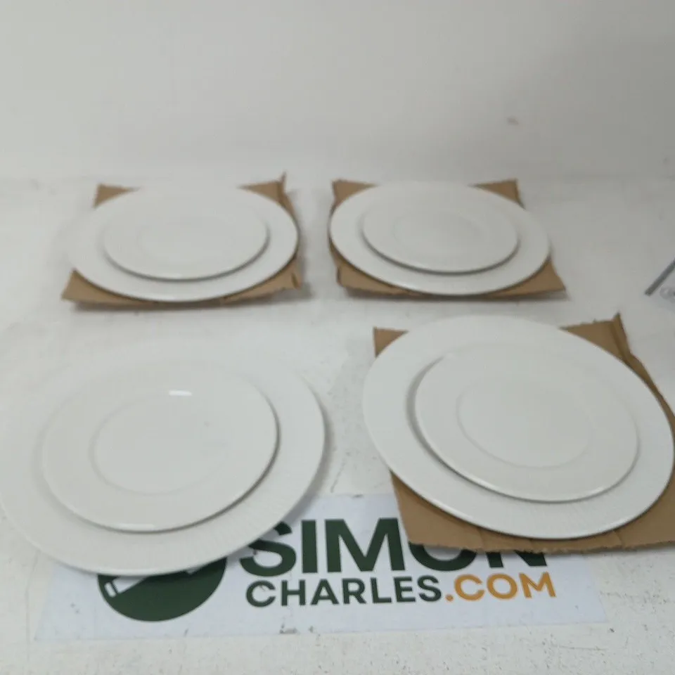SET OF 4 WHITE CERAMIC DINNER PLATES IN VARYING SIZES, 4 LARGE PLATES 4 SMALL PLATES