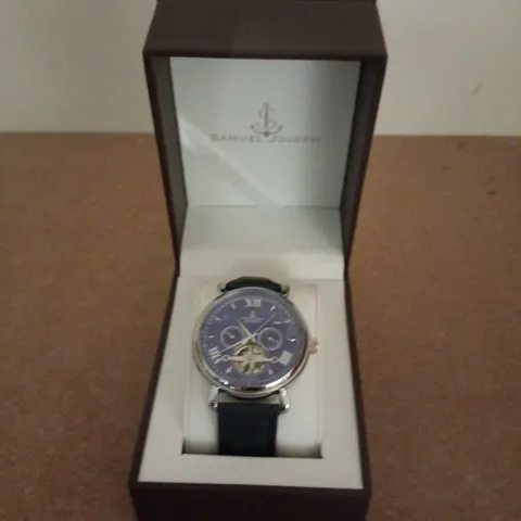 BOXED SAMUEL JOSEPH AUTOMATIC LIMITED EDITION SILVER WATCH WITH BLUE FACE