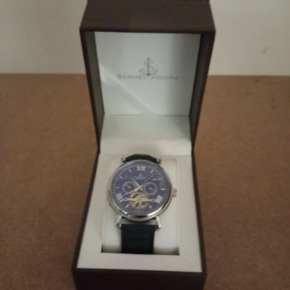 BOXED SAMUEL JOSEPH AUTOMATIC LIMITED EDITION SILVER WATCH WITH BLUE FACE