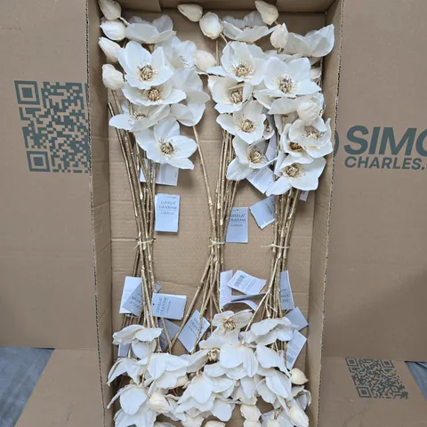 APPROXIMATELY 24 GISELA GRAHAM GOLD COLOUR STEM WHITE FAUX FLORAL ORNAMENTS 