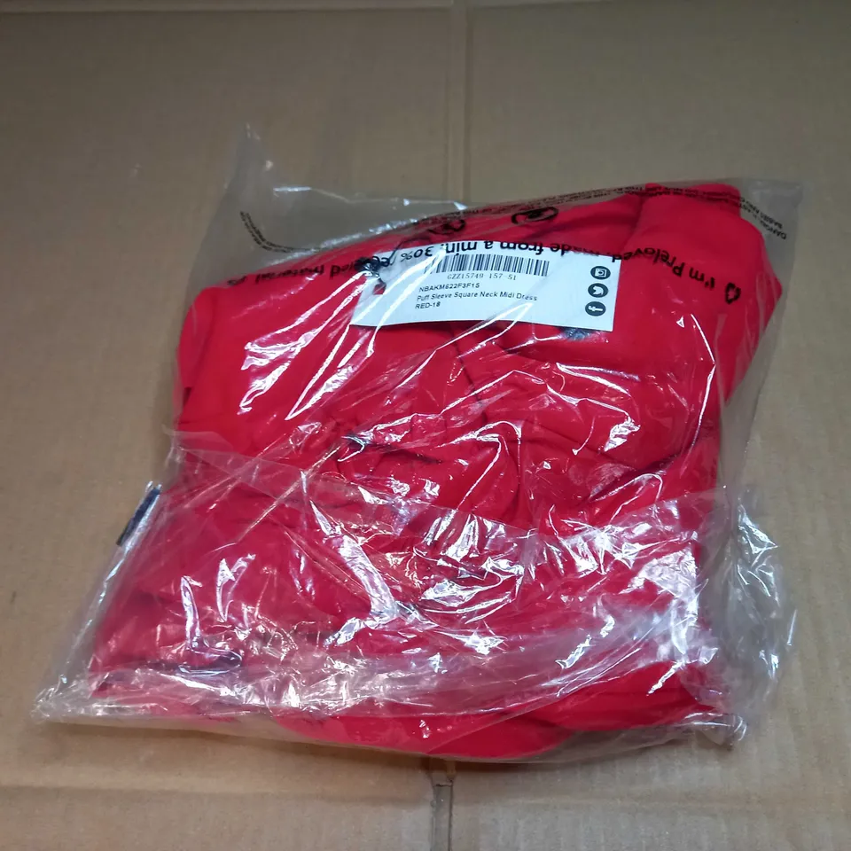 PACKAGED BOOHOO RED PUFF SLEEVE SQUAE NECK MIDI DRESS - SIZE 18
