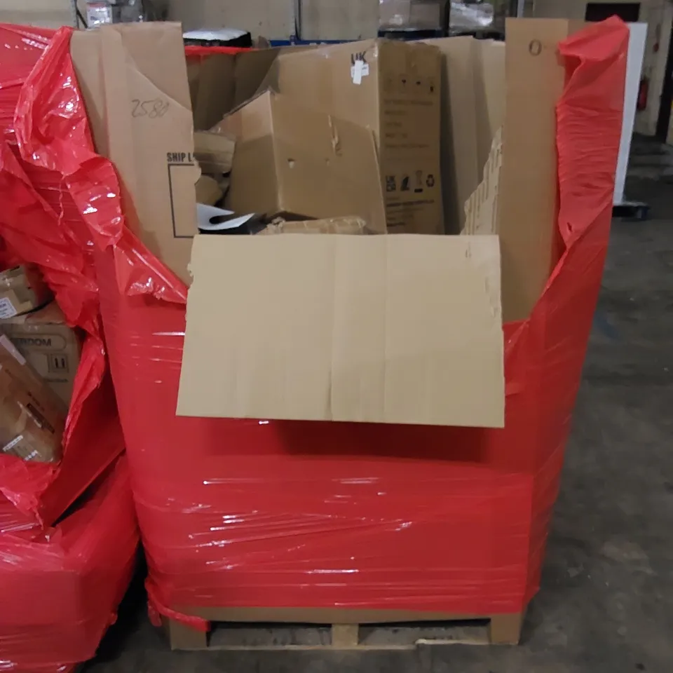 PALLET TO CONTAIN ASSORTED HOUSEHOLD ITEMS AND CONSUMER PRODUCTS. INCLUDING PAPER SHREDDER, BOXED FURNITURE ETC