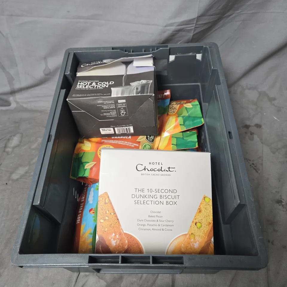 APPROXIMATELY 8 ASSORTED ITEMS OF FOOD AND DRINK INCLUDING PUREOATY GLEBE FARM MAPLE AND BANANA GRANOLA 325G, HOTEL CHOCOLAT BISCUIT SELECTION AND DRINKING CHOCOLATE SELECTOION