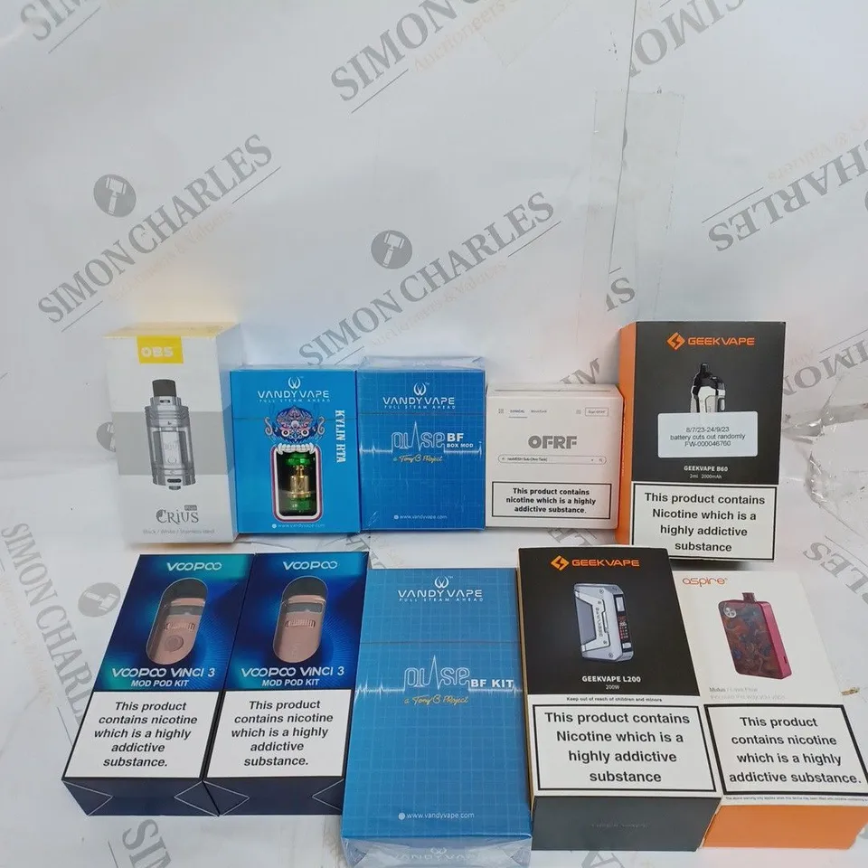 BOX OF APPROXIMATELY 10 ASSORTED E-CIGARETTE PRODUCTS & ACCESSORIES TO INCLUDE OBS, VANDY VAPE, OFRF ETC
