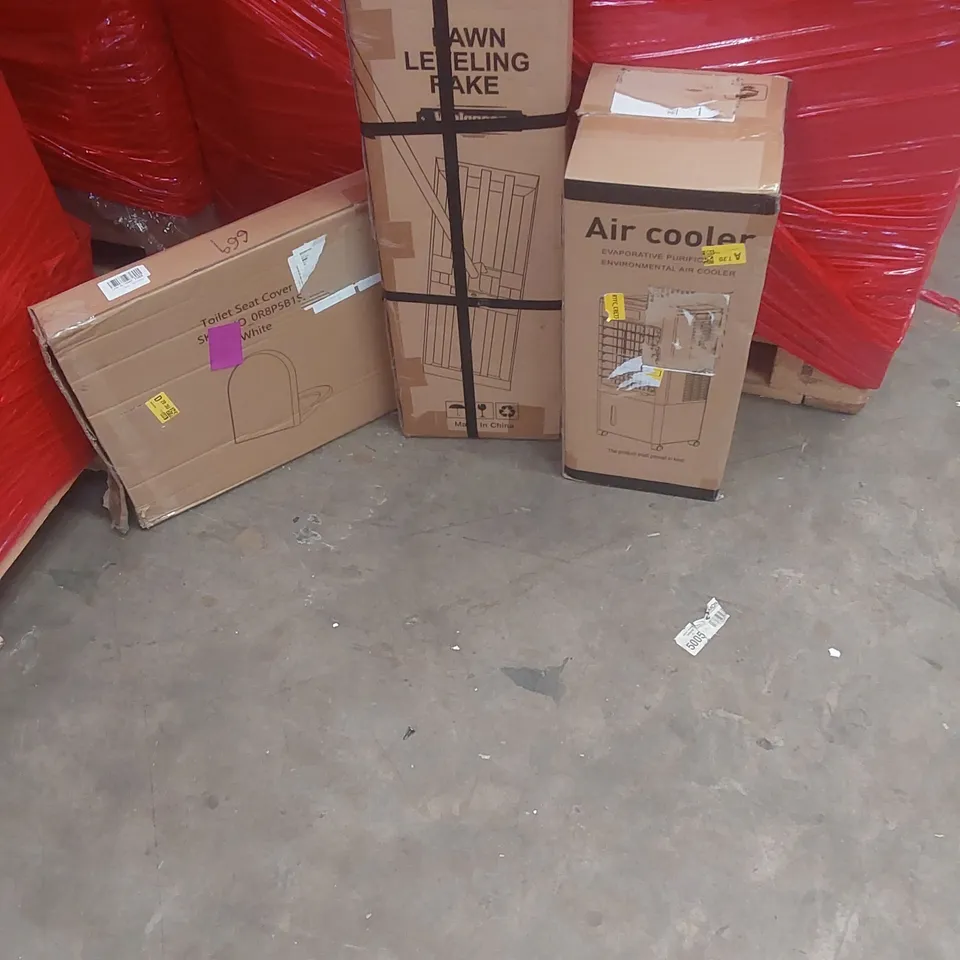 PALLET OF ASSORTED PRODUCTS AND ITEMS TO INCLUDE :TOILET SEAT COVER,AIR COOLER,LAWN LEVELLING RAKE.