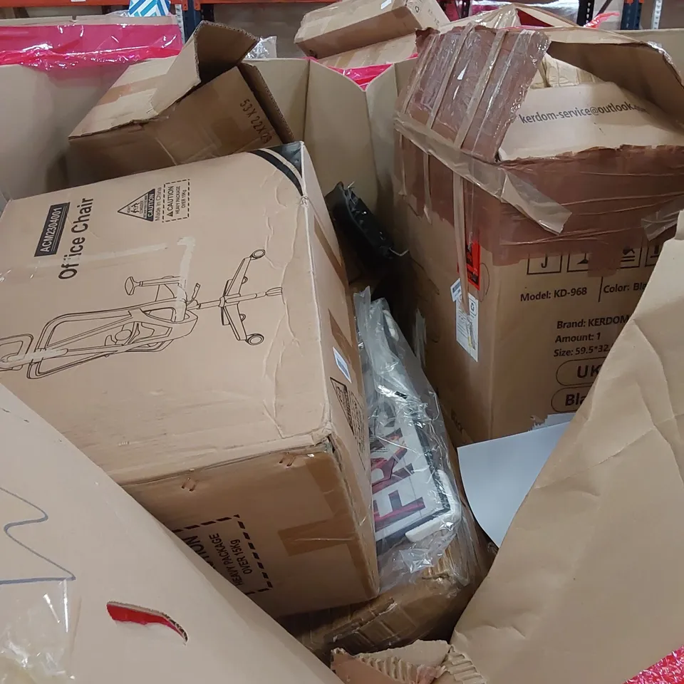 PALLET OF ASSORTED HOUSEHOLD ITEMS AND CONSUMER PRODUCTS. INCLUDING; OFFICE CHAIRS, DEHUMIDIFIER, BOXED FURNITURE ETC 