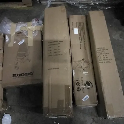 PALLET OF ASSORTED ITEMS INCLUDING REDCAMP CAMPING COT + PAD, ALPHA CAMP BIG BOY XL CHAIR, ROODO PLUS PET STROLLER, XGEAR HARD ARM PADDING CAMPING CHAIR