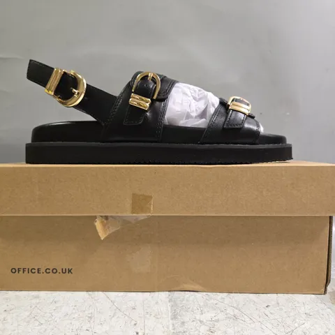 BOXED PAIR OF OFFICE OPEN TOE SANDALS IN BLACK SIZE EU 39