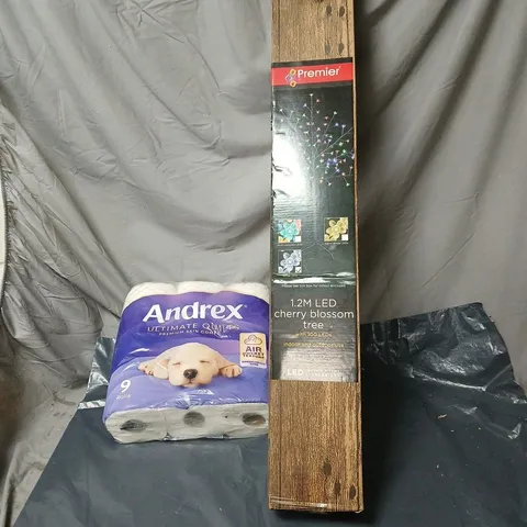 CAGE OF APPROXIMATELY 12 ASSORTED ITEMS TO INCLUDE ANDREX TOILET PAPER, 1.2M LED CHERRY BLOSSOM TREE ETC