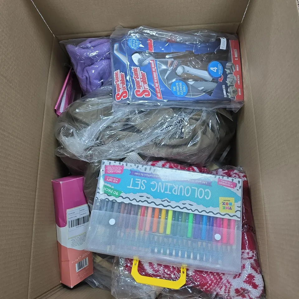BOX OF APPROXIMATELY 20 ASSORTED HOUSEHOLD ITEMS TO INCLUDE CLOTHING, DINNER CANDLES, COLOURING SET, SUPER SONIC SCRUBBER ETC