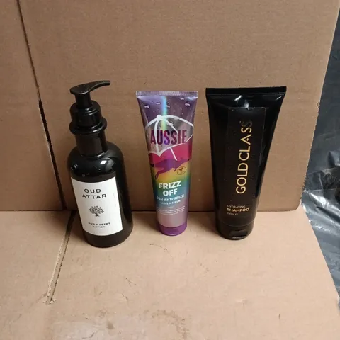 APPROXIMATEY 20 ASSORTED HEALTH AND BEAUTY PRODUCTS TO INCLUDE AUSSIE FRIZZ OFF, OUD ATTAR LOTION, GOLDCLASS SHAMPOO ETC