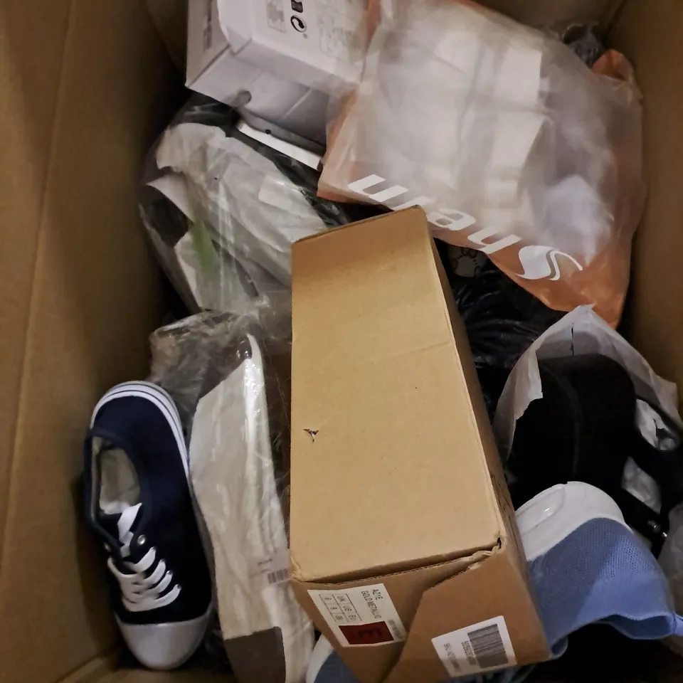 BOX OF APPROXIMATELY 15 PAIRS OF ASSORTED SHOES IN VARIOUS COLOUR, STYLES AND SIZES