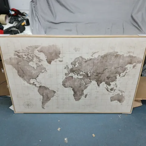 WALL CANVAS PRINT MAP OF THE WORLD. 120 X  80 CM. BACK OF FRAME IS DAMAGED