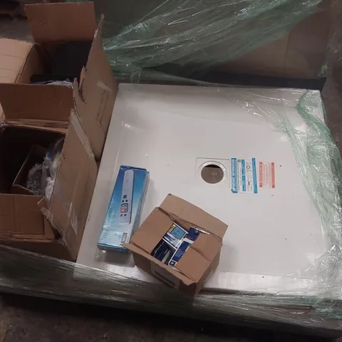 PALLET CONTAINING ASSORTED ITEMS INCLUDING: SHOWER TRAY, ISCAN PORTABLE SCANNERS, TAPE CASSETTES, HEADPHONE CASES ECT