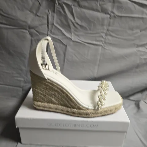 BOXED PAIR OF QUIZ STRAP HIGH WEDGE - UK SIZE 5