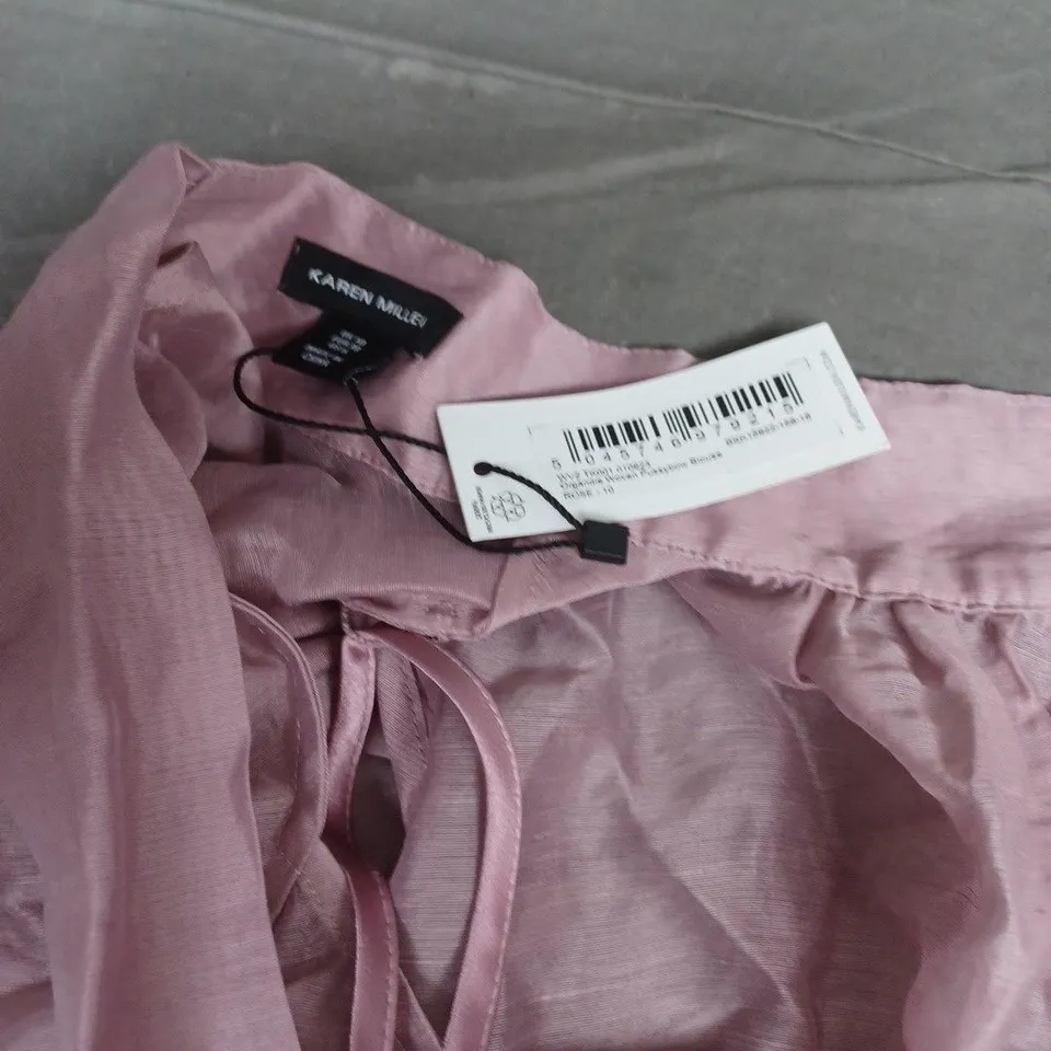 KAREN MILLEN PINK SATIN BLOUSE WITH TIE NECK AND PUFF SLEEVES SIZE 10