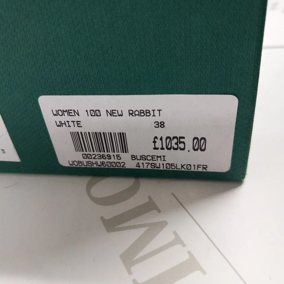 BOXED PAIR OF BUSCEMI WOMEN 100MM NEW RABBIT WHITE SIZE 8(38)