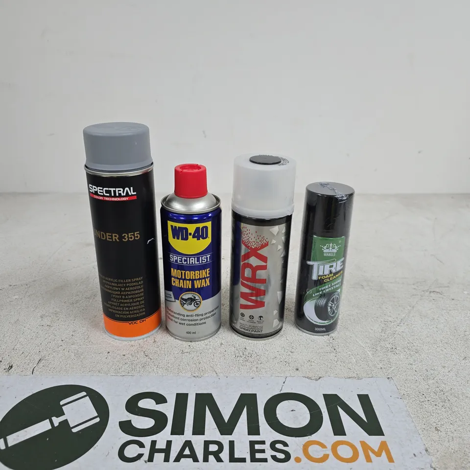 TOTE OF APPROXIMATELY 12 ASSORTED AEROSOL PRODUCTS TO INCLUDE WD 40, WRX, SPETRAL UNDER 355, WANGLE FOAM CLEANER ETC