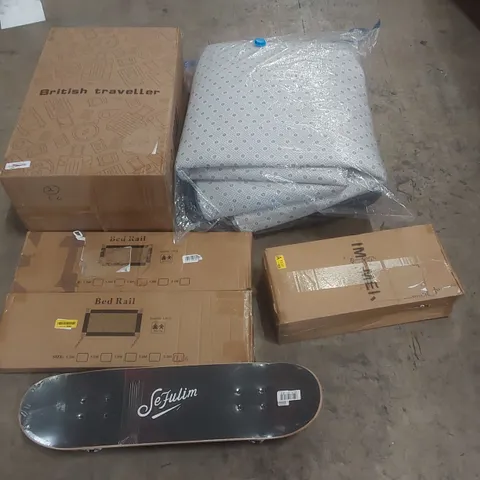 PALLET OF ASSORTED ITEMS INCLUDING: SUITCASE, LARGE RUG, BED RAILS, KIDS SCOOTER, SKATEBOARD ECT