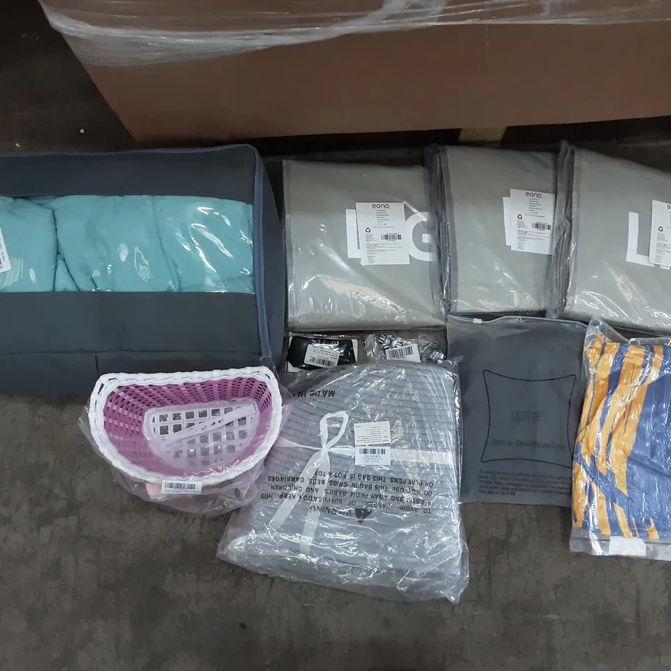 PALLET OF ASSORTED PRODUCTS TO INCLUDE DEZENE PREMIUM THROW PILLOW COVER, EONO LAUNDRY BASKET, WEIGHTED COVER, GEOLLIER SCENTED CANDLE, TIMOVO CASE, MAGNETIC SCREEN DOOR