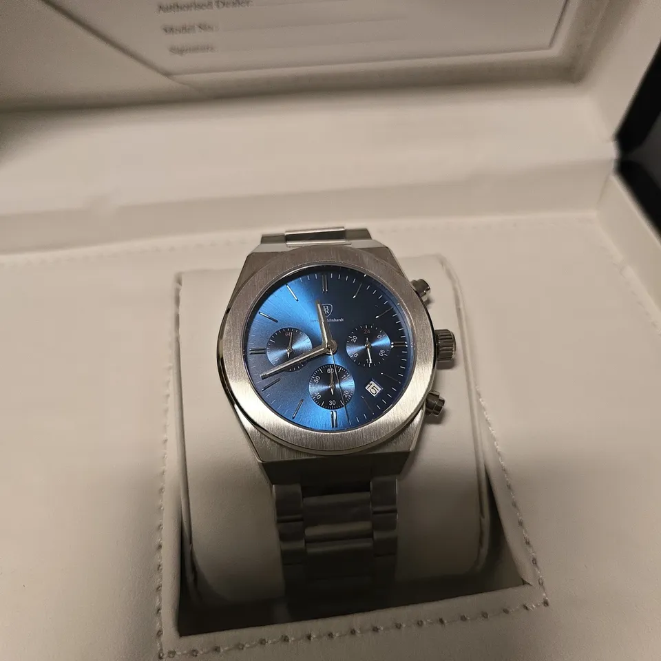 BOXED BERNARD REINHARDT BLUE FACE SMART CHRONOGRAPH WATCH