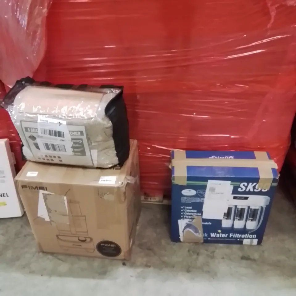PALLET OF ASSORTED HOUSEHOLD GOODS AND PRODUCTS TO INCLUDE;FOOD PROCESSOR,WATER FILTRATION TANKS,SOFA COVER 