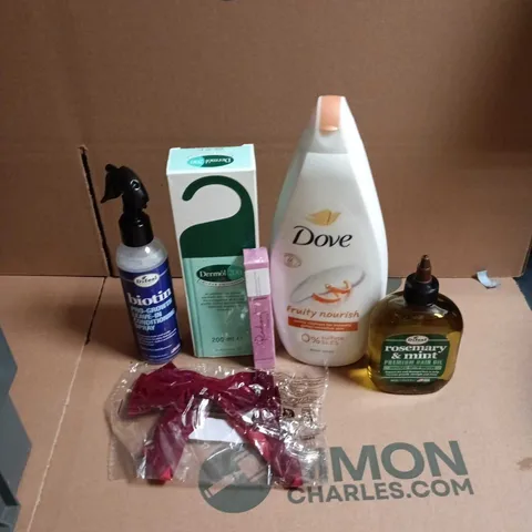 APPROXIMATEY 20 ASSORTED HEALTH AND BEAUTY PRODUCTS TO INCLUDE - DOVE FRUITY NOURISH BODY WASH - DERMOL 200 SHOWER EMOLLIENT AND ROSEMARY & MINT HAIR OIL