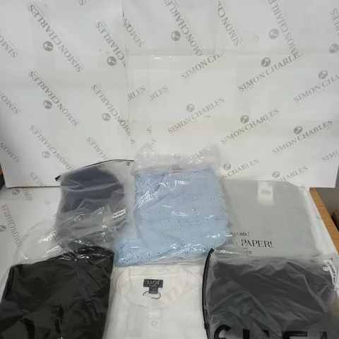 LARGE BOX OF ASSORTED CLOTHING ITEMS IN VARIOUS COLOURS AND SIZES INCLUDING TROUSERS , TOPS AND JUMPERS