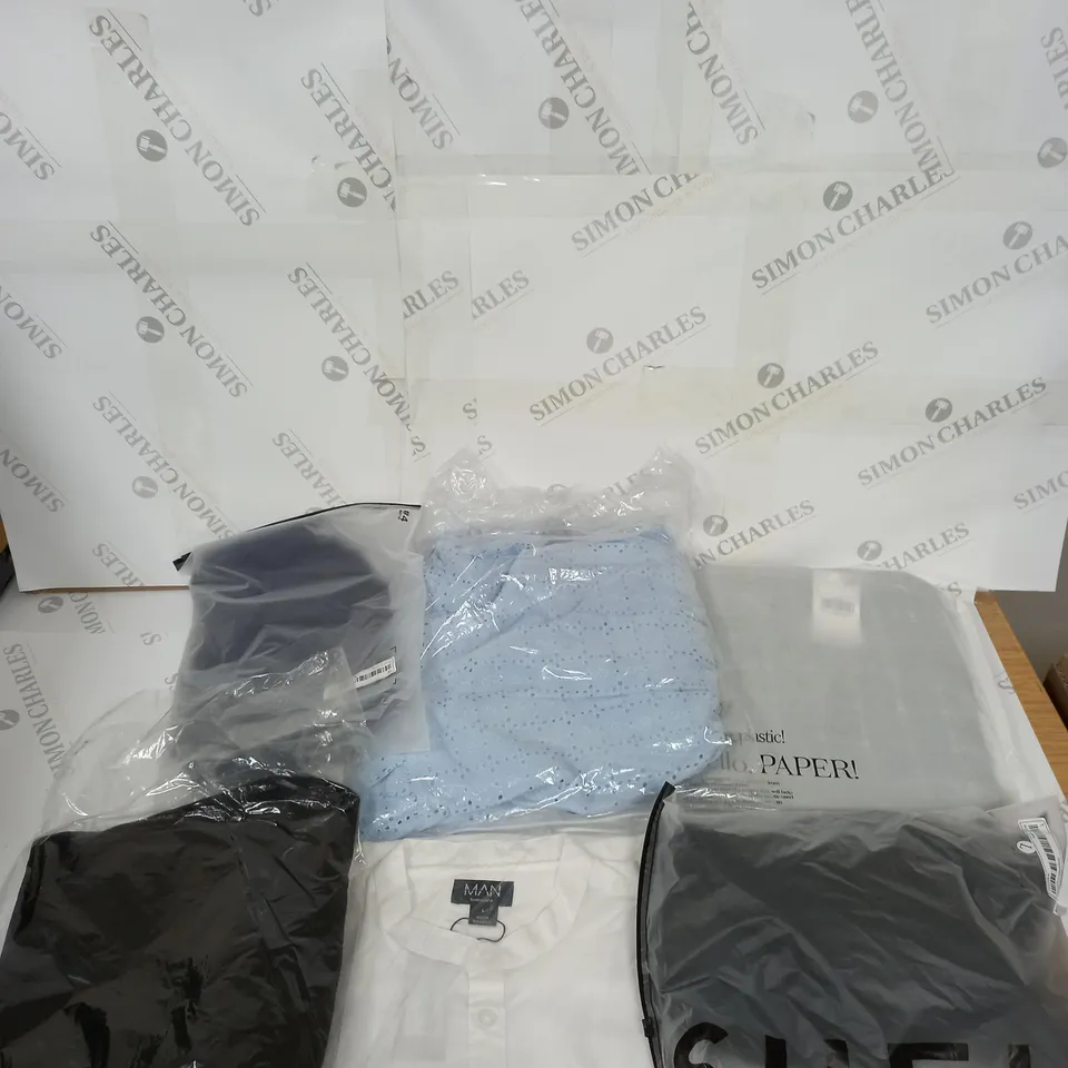 LARGE BOX OF ASSORTED CLOTHING ITEMS IN VARIOUS COLOURS AND SIZES INCLUDING TROUSERS , TOPS AND JUMPERS 