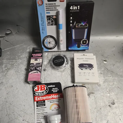APPROXIMATELY 15 ASSORTED VEHICLE PARTS/ACCESSORIES TO INCLUDE FILTER, TIRE MARKING PEN, POLISHING CLEANER ETC