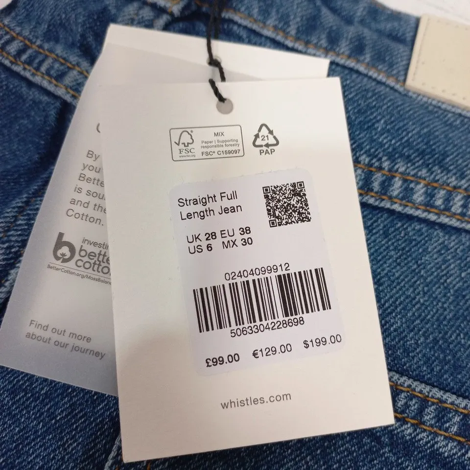 WHISTLES PETITE STRAIGHT FULL LENGTH JEANS - UK 28