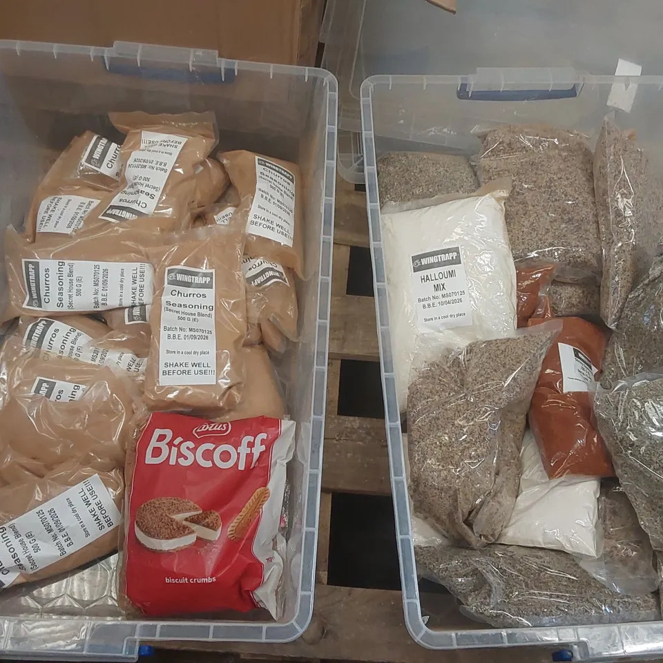 PALLET CONTAINING A LARGE QUANTITY OF ASSORTED CATERING SUPPLIES INCLUDING VARIOUS TYPES OF SEASONING AND TAKEAWAY BAGS