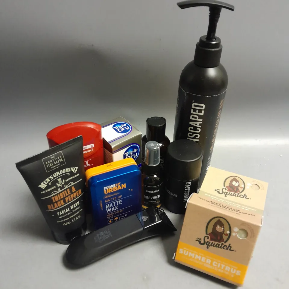 BOX OF APPROXIMATELY 15 COSMETIC ITEMS TO INCLUDE - MANSCAPED BALL DEODERANT - DR.SQUATCH NATURAL SOAP BARS - FUDGE URBAN MATTE WAX ETC 