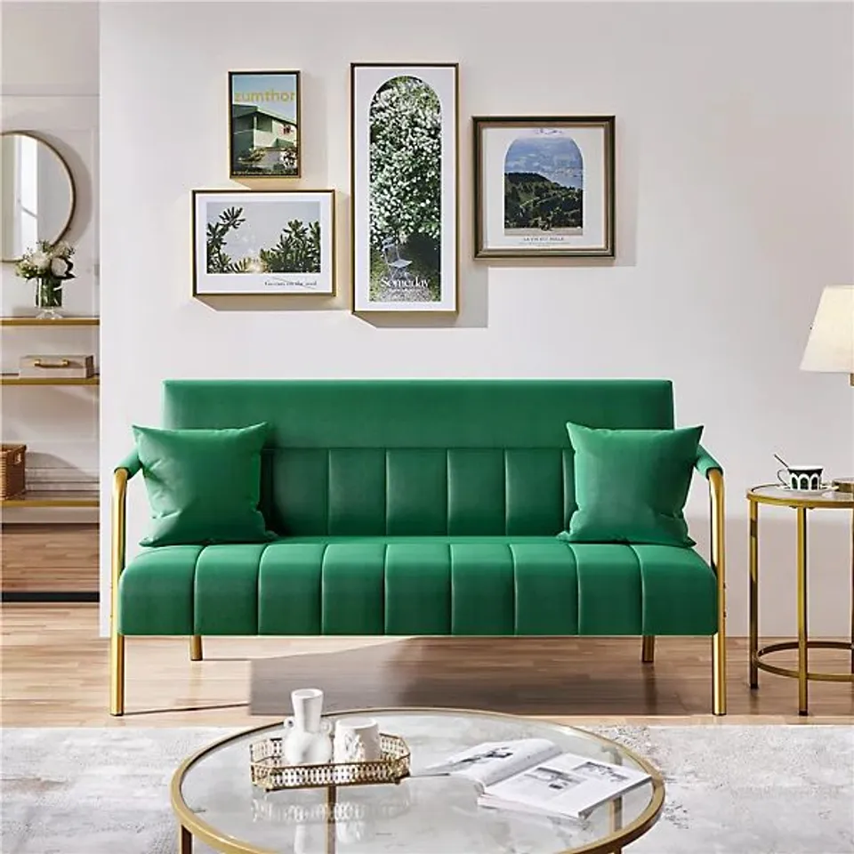 BOXED YAHEETECH UPHOLSTERED SOFA COUCH WITH GOLD METAL LEGS - GREEN (2 BOXES)