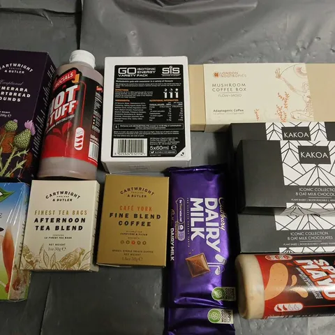 LOT OF 16 ASSORTED FOOD AND DRINK ITEMS TO INCLUDE KAKOA OAT MILK CHOCOLATES, GO ENERGY POUCHES AND MUSHROOM COFFEE BOX