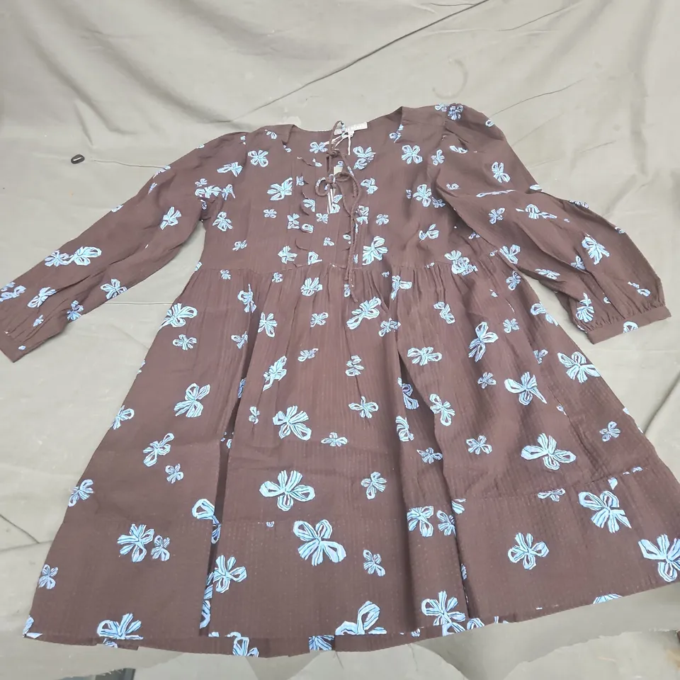 UK 8 OLIVER BONAS WOMEN'S DRESS – BROWN WITH BLUE FLORAL PRINT