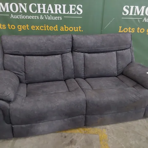 DESIGNER POWER RECLINING THREE SEATER SOFA CHARCOAL FABRIC WITH BLACK PIPING