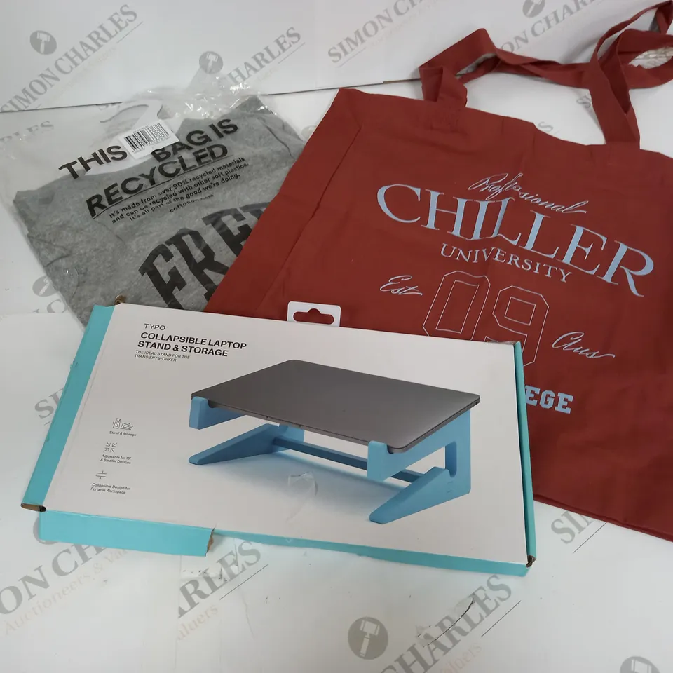BOX OF APPROXIMATELY 40 ASSORTED HOUSEHOLD ITEMS TO INCLUDE PET CLOTHING ITEMS, TOTE BAGS, COLLAPSIBLE LAPTOP STAND,ETC