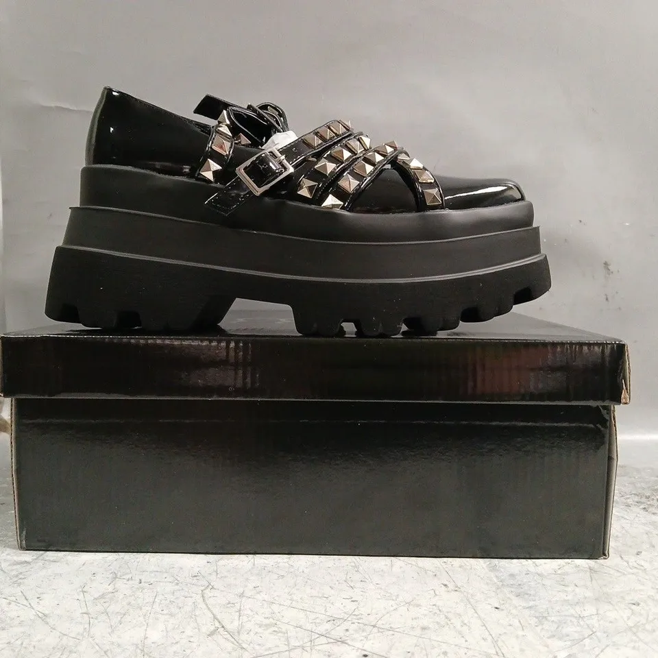 BOXED PAIR OF KOI SIMA STUDDED PLATFORM BALLET SHOES IN BLACK SIZE UK 3
