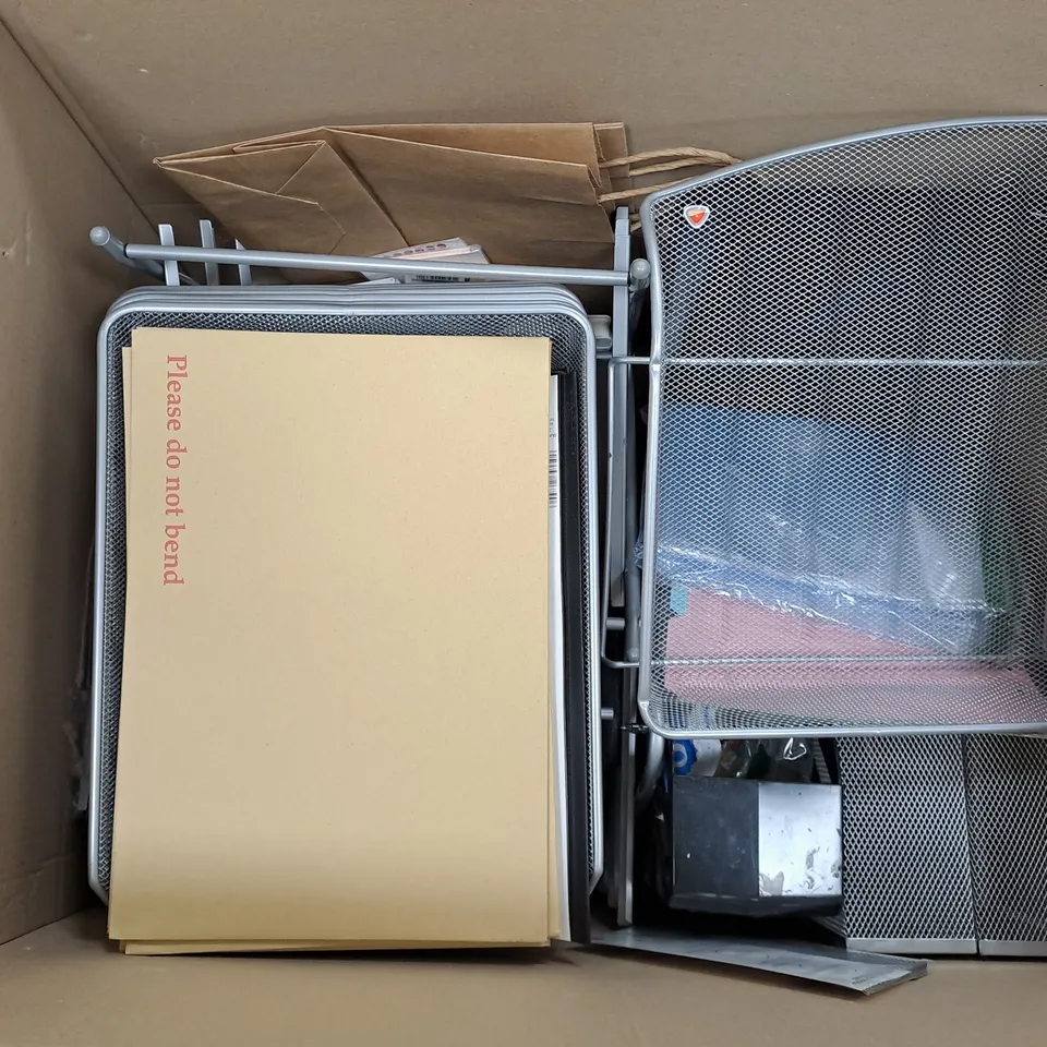 LARGE BOX OF ASSORTED OFFICE EQUIPMENT TOO INCLUDE STORAGE CONTAINERS , A4 PAPER , SKETCH BOOKS , ETC  