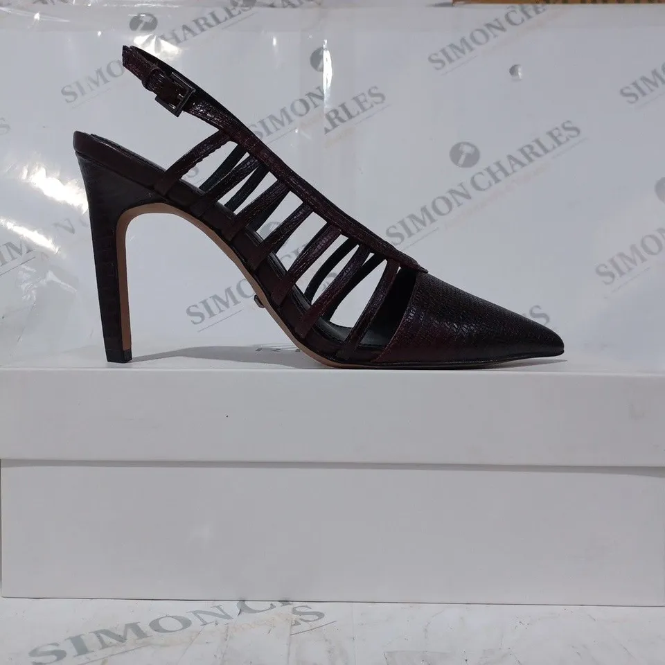 BOXED PAIR OF REISS DAPHNE SLINGBACK HEELS IN POMEGRANATE SIZE 5