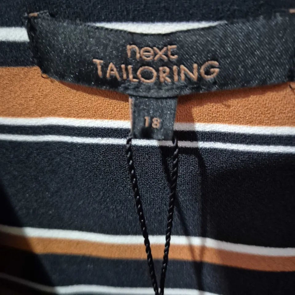 NEXT TAILORING STRIPED BELTED DRESS – BLACK WITH ORANGE & WHITE STRIPES, UK 18