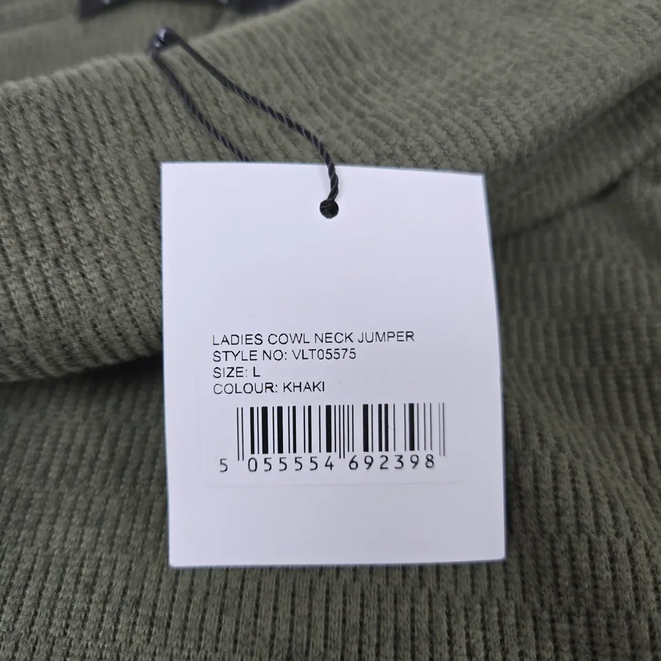 PURE & NATURAL LADIES COWL NECK JUMPER – KHAKI, SIZE L