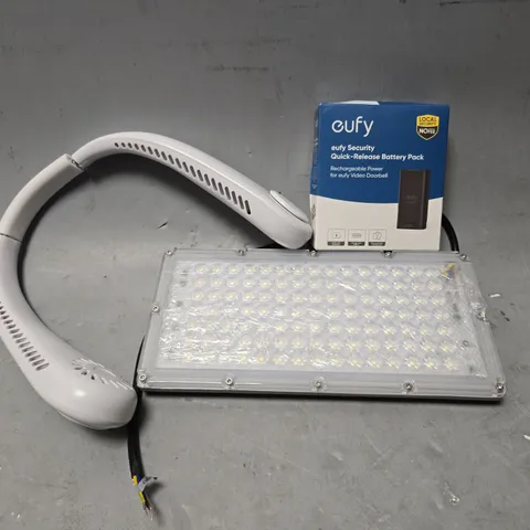 APPROXIMATELY 6 ASSORTED ITEMS TO INCLUDE - EUFY QUICK RELEASE BATTERY PACK . WHITE NECK FAN ETC