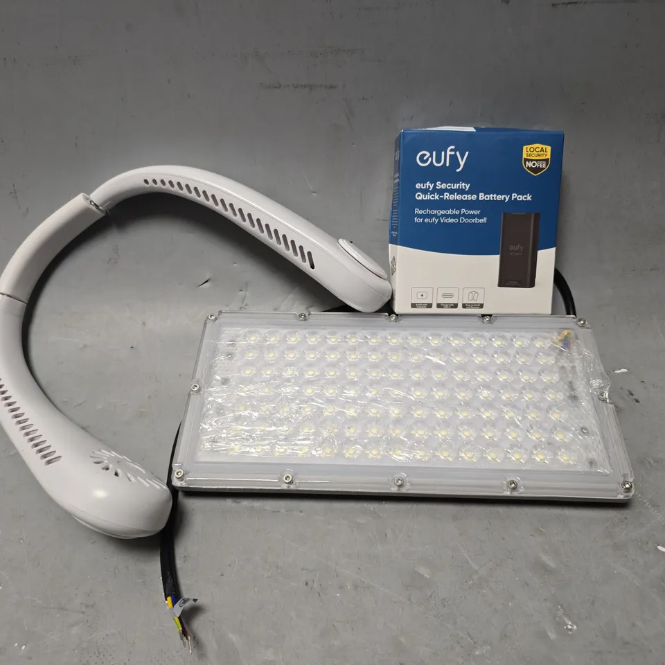 APPROXIMATELY 6 ASSORTED ITEMS TO INCLUDE - EUFY QUICK RELEASE BATTERY PACK . WHITE NECK FAN ETC